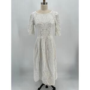 Vintage Paper White Eyelet Midi Dress Sz 12 (S) Short Sleeve Linen Cotton